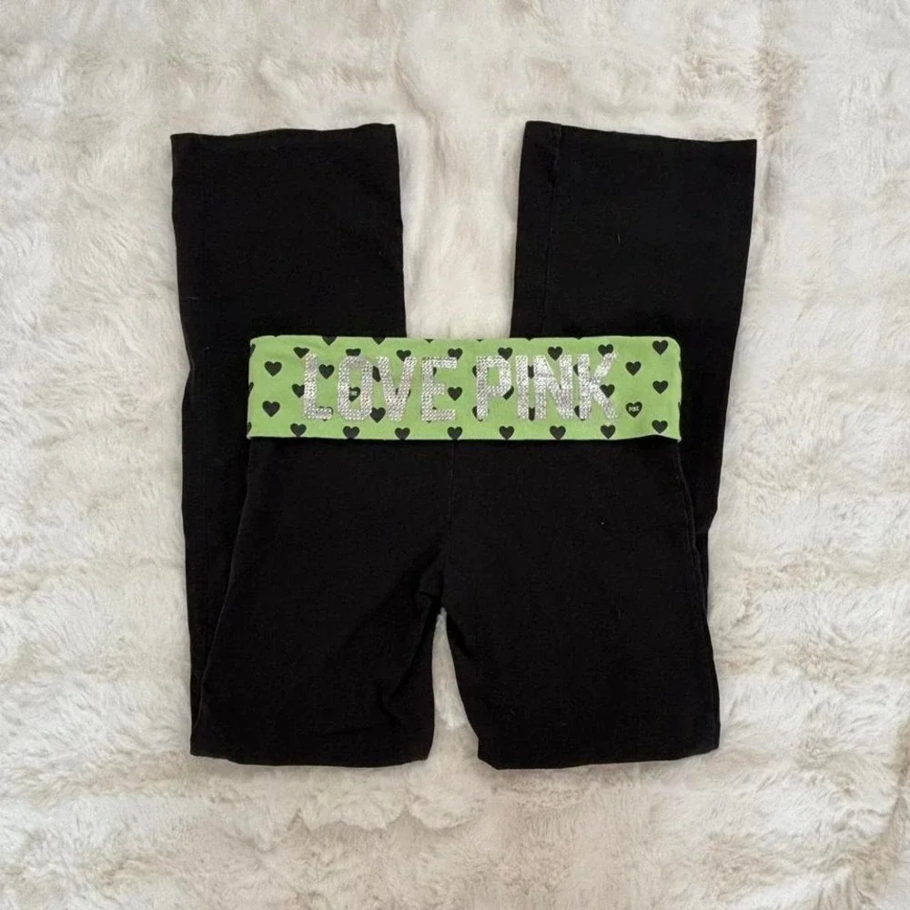 victoria's secret pink yoga fold over flare pants green hearts - Picture 8 of 8